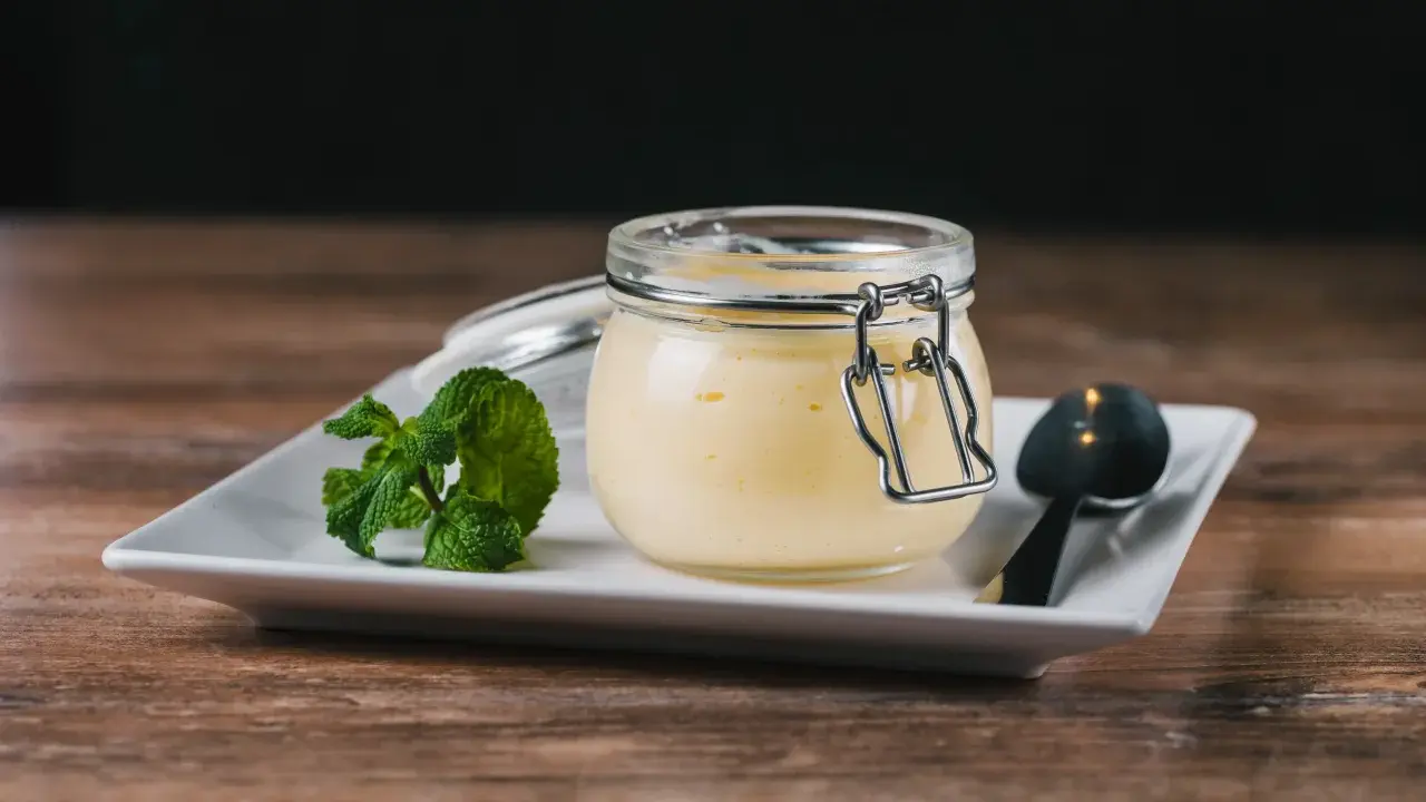 Un pot de crème anglaise, garni de menthe fraîche, sur une assiette blanche avec une cuillère. Un délice simple.