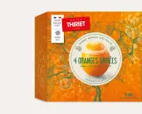 Boîte de sorbet "4 Oranges Givrées" de Maison Thiriet, avec une illustration d'orange garnie de sorbet dans son écorce.