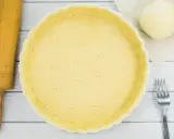Une pâte brisée est prête dans une casserole blanche, avec une boule de pâte, une rouleau et une fourchette à côté.