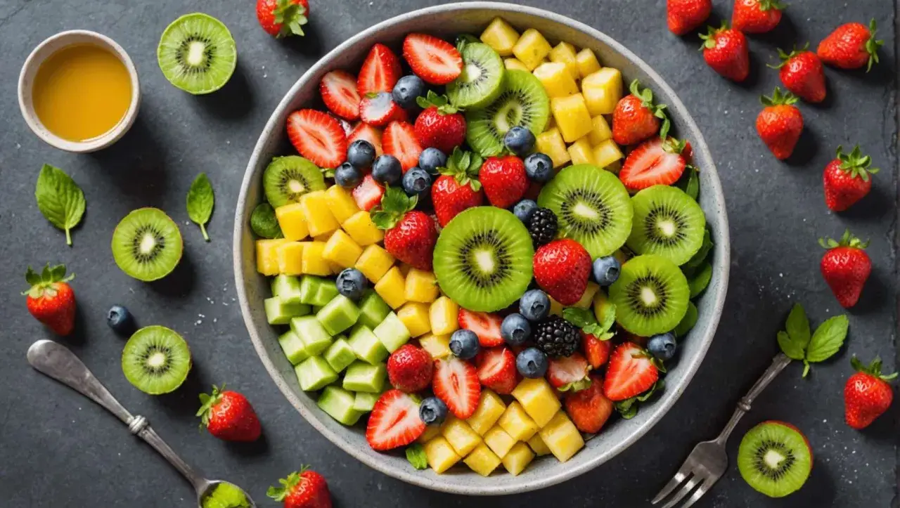 Un bol coloré de salade de fruits printemps : fraises, kiwis, ananas, myrtilles et mûres. Parfait pour un repas léger et rafraîchissant.