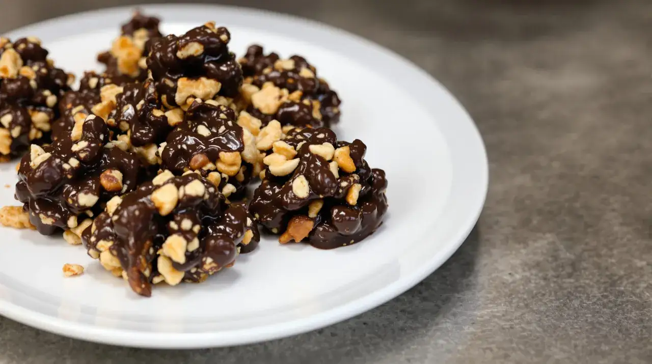 Gourmandises au chocolat noir et noix, ressemblant à une rose des sables.