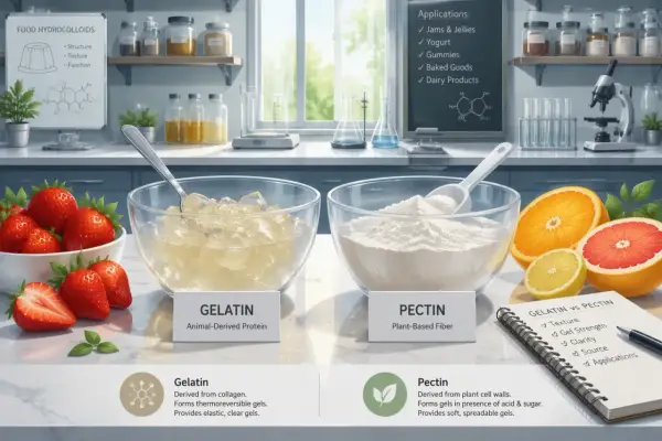 Deux bols, l'un avec de la gélatine, l'autre avec de la poudre de pectine, un agent gélifiant végétal. Fraises, agrumes et un carnet comparant les deux.