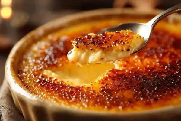 Une cuillère de crème brûlée avec sa croûte caramélisée craquante. La recette parfaite pour un dessert gourmand.