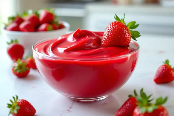 Un bol de ganache fraise onctueuse, garni d'une fraise fraîche. Des fraises parsèment la table.